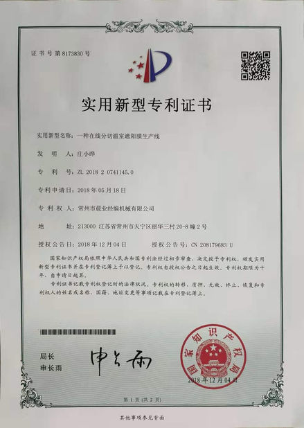 La CINA Changzhou Chenye Warp Knitting Machinery Co., Ltd. Certificazioni