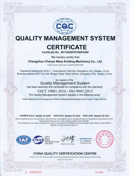 La CINA Changzhou Chenye Warp Knitting Machinery Co., Ltd. Certificazioni