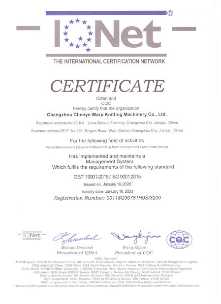 La CINA Changzhou Chenye Warp Knitting Machinery Co., Ltd. Certificazioni