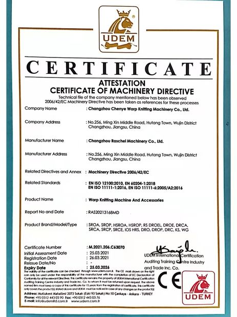 La CINA Changzhou Chenye Warp Knitting Machinery Co., Ltd. Certificazioni