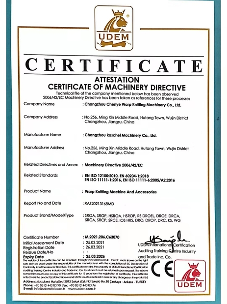 La CINA Changzhou Chenye Warp Knitting Machinery Co., Ltd. Leave Messages Certificazioni