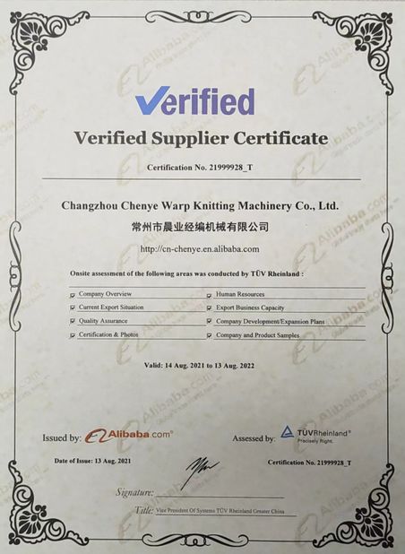 La CINA Changzhou Chenye Warp Knitting Machinery Co., Ltd. Certificazioni